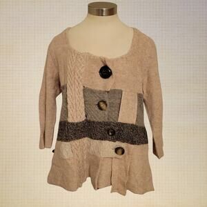 Patchwork Wool Cardigan Square Neck 3/4 Sleeve Sleeping on Snow XL Sweater